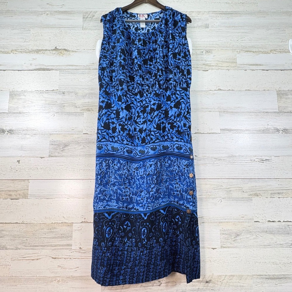R&K‎ Originals Blue Black Floral Damask Smocked Midi Dress Size 12 Vintage 90s